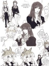 2girls :/ :| agnes_tachyon_(umamusume) animal_ears bottle bow bowtie chemical_structure closed_eyes closed_mouth collared_shirt crossed_legs earrings female_trainer_(umamusume) from_side greyscale hair_ribbon hand_to_own_mouth hand_up holding holding_bottle horang_1203 horse_ears horse_girl jacket jewelry korean_text lab_coat long_hair long_sleeves miniskirt monochrome multiple_girls nervous_sweating open_mouth pantyhose ribbon shirt shoes short_hair simple_background single_earring sitting skirt smile speech_bubble sweat sweatdrop trainer_(umamusume) translation_request umamusume white_background