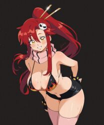 1girl artist_name bare_shoulders bikini bikini_top_only black_bikini black_gloves black_shorts blush breasts cowboy_shot dark_background fingerless_gloves flame_print gloves grin hair_ornament hair_stick hand_on_own_hip highres large_breasts leaning_forward long_hair looking_at_viewer navel pink_scarf pink_thighhighs ponytail red_hair scarf short_shorts shorts sidelocks simple_background skull_hair_ornament smile solo standing swimsuit tengen_toppa_gurren_lagann thighhighs vizaz yellow_eyes yoko_littner