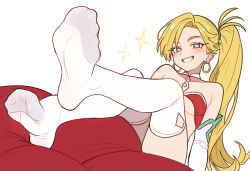 1girl absurdres bare_shoulders bikini bikini_top_only blonde_hair breasts calamity_jane_(fate) cleavage detached_collar earrings ebora elbow_gloves fate/grand_order fate_(series) feet forehead gloves green_eyes grin highres hoop_earrings jewelry large_breasts legs long_hair looking_at_viewer non-web_source parted_bangs red_bikini side_ponytail smile solo sparkle swimsuit thighhighs white_gloves white_thighhighs