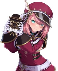 1girl beret black_ribbon blue_gemstone breasts camera charlotte_(genshin_impact) closed_mouth commentary_request cropped_torso detached_sleeves gem genshin_impact gloves green_eyes hat highres holding holding_camera l4st_resort long_sleeves medium_breasts monocle pink_hair red_hat red_sleeves ribbon shirt signature smile solo white_background white_gloves white_shirt