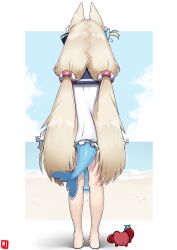 1girl absurdres animal_ears barefoot blonde_hair character_request commentary_request copyright_request crab fins fish_tail from_behind full_body highres johnny_(braun-kan_cafe) kaniki_(sameko_saba) low_twintails sameko_saba shark_tail shirt solo standing tail twintails virtual_youtuber white_shirt