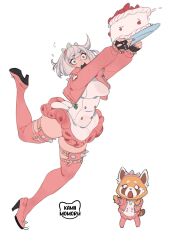 2girls aggressive_retsuko animal_ears artist_logo blue_eyes boots breasts brown_fur cake commentary cosplay cropped_jacket dress elphelt_valentine elphelt_valentine_(cosplay) english_commentary falling food frilled_dress frills furry furry_female guilty_gear guilty_gear_strive hairband high_heel_boots high_heels highres holding holding_cake holding_food jacket kamii_momoru logo looking_at_another medium_breasts multiple_girls open_mouth panda_girl pink_boots pink_hairband pink_jacket red_panda red_panda_ears red_panda_tail retsuko short_hair simple_background spiked_headband thigh_boots two-tone_dress white_background white_dress