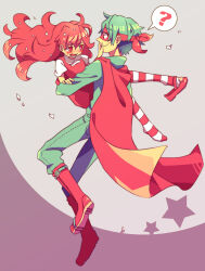 1boy 1girl ? bodysuit boots cape dress embarrassed eye_mask flaky_(happy_tree_friends) full_body green_bodysuit green_hair happy_tree_friends hetero long_hair personification red_cape red_dress red_eyes red_footwear red_hair shirt smile socks splendid_(happy_tree_friends) spoken_question_mark star_(symbol) striped_clothes striped_socks superhero_costume syndicate white_shirt