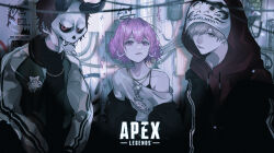1girl 2boys absurdres apex_legends arisakaaa_(crazy_raccoon) black_horns black_jacket black_shirt bra_strap cable closed_mouth collarbone commentary_request cool_colored copyright_name crazy_raccoon daruma_is_god demon_horns drawstring earrings gold_necklace graffiti grey_eyes grey_hair hair_between_eyes hair_ornament hairclip highres hood hood_up hoodie hoop_earrings horns indie_utaite indoors jacket jacket_over_hoodie jacket_partially_removed jewelry letterman_jacket lipstick long_sleeves looking_at_viewer makeup mano_aaa mask multiple_boys necklace nqrse open_clothes open_jacket parallel_hairclips pink_eyes pink_hair pink_lips red_hair red_hoodie shirt short_hair single-shoulder_shirt single_bare_shoulder skull_necklace t-shirt upper_body utaite white_shirt white_sleeves wire