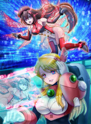 2girls absurdres alia_(mega_man) bare_shoulders blonde_hair blue_eyes blue_lips breasts brown_hair commission corruption dark_persona electricity energy_wings glowing glowing_eyes hat highres holographic_interface iris_(mega_man) kiwakiwa large_breasts leotard long_hair mega_man_(series) mega_man_x_(series) mind_control multicolored_leotard multiple_girls pixiv_commission red_eyes red_hat red_leotard two-tone_leotard white_leotard