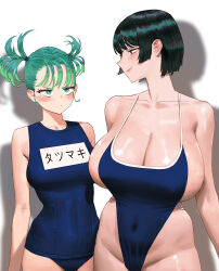 2girls absurdres alternate_costume bare_shoulders blue_one-piece_swimsuit blunt_bangs blush breast_envy breasts cleavage closed_mouth collarbone commentary covered_navel fubuki_(one-punch_man) green_eyes green_hair highleg highleg_one-piece_swimsuit highres large_breasts looking_at_another meme mom_and_her_daughter_(meme) multiple_girls one-piece_swimsuit one-punch_man petite shadow shiny_skin short_hair short_twintails siblings sidelocks sisters small_breasts smile spaghetti_strap standing swimsuit symbol-only_commentary tatsumaki translation_request turning_head twintails white_background wonbin_lee