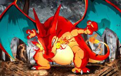 blurry blurry_background breath_weapon breathing_fire charizard colored_skin dragon dust fiery_tail fire flame-tipped_tail full_body gen_1_pokemon green_wings lizard nintendo orange_skin pokemon pokemon_(creature) solo standing tail wings zeroartwo