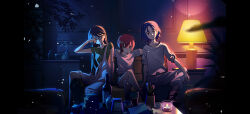 Rule 34 | 1boy, 2girls, amate yuzuriha, aqua eyes, black hair, blue hair, bottle, closed mouth, commentary request, couch, crossed legs, gundam, gundam gquuuuuux, highres, lamp, liang chan xing make tu, long hair, long sleeves, looking at viewer, multicolored hair, multiple girls, nyaan (gundam gquuuuuux), on couch, open mouth, pants, purple hair, red eyes, red hair, shirt, short hair, short sleeves, shorts, shuji ito, sitting, smile, two-tone hair, white shirt, yellow eyes