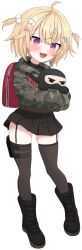 1girl :3 :d absurdres ahoge black_boots black_garter_straps black_shirt black_skirt black_thighhighs blonde_hair blush boots camouflage camouflage_jacket carrying carrying_person child freckles full_body garter_straps green_jacket hair_bobbles hair_ornament hairclip heart heart_hair_ornament highres holster hood hooded_jacket indie_virtual_youtuber jacket lace-up_boots looking_at_viewer military_jacket miniskirt monsiursandox open_mouth pleated_skirt bad_tag purple_eyes red_bag second-party_source shirt short_hair skindentation skirt smile solo sylvie_ruru thigh_holster thigh_strap thighhighs two_side_up virtual_youtuber white_background wing_hair_ornament zettai_ryouiki