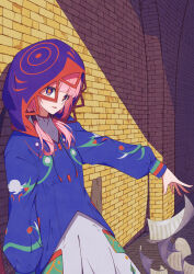 Rule 34 | 1girl, absurdres, blue eyes, brick wall, commentary, cowboy shot, dress, english commentary, highres, hood, hood up, hooded jacket, jacket, kaf (kamitsubaki studio), kamitsubaki studio, leaning back, long hair, long sleeves, looking at viewer, multicolored eyes, nakano mitsume, open mouth, paper, pink hair, solo, standing, virtual youtuber, white dress, yellow pupils