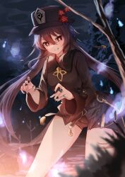 Rule 34 | 1girl, absurdres, brown hair, flower-shaped pupils, genshin impact, hat, highres, hu tao (genshin impact), long hair, long sleeves, looking at viewer, red eyes, sazanka, smile, solo, symbol-shaped pupils, twintails