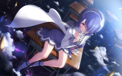 1girl aogiri_koukou arm_support beret black_hat black_shoes blush breasts chair closed_mouth cloud commentary_request desk dress hair_over_one_eye hat high_heels highres kamome_yuu long_sleeves looking_at_viewer medium_breasts on_desk otodama_tamako purple_dress purple_hair purple_socks red_eyes school_chair school_desk school_uniform shirt shoes sitting sky sleeveless sleeveless_dress smile socks solo star_(sky) starry_sky virtual_youtuber white_shirt