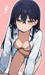 artist_request bad_link black_hair bra brown_bra brown_panties gundam gundam_gquuuuuux highres long_sleeves nyaan_(gundam_gquuuuuux) panties pink_background smile tagme underwear yellow_eyes