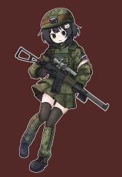 1girl adapted_costume as_val assault_rifle bandaged_arm bandages black_eyes black_hair black_thighhighs bulletproof_vest camouflage camouflage_skirt cat_hair_ornament chin_strap combat_helmet gloves gun hair_ornament helmet highres holding holding_gun holding_weapon jephy_0 kalashnikov_rifle korean_commentary leg_warmers load_bearing_vest military_combat_uniform military_uniform original outline red_background ribbon_of_saint_george rifle russian_flag russian_ground_forces scope simple_background skirt solo thighhighs weapon white_outline z_(russian_symbol)