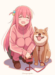 Rule 34 | 1girl, :d, absurdres, animal, blush, bocchi the rock!, closed eyes, collar, dog, full body, gotoh hitori, hair ornament, hanagamigendai, highres, leash, loafers, long hair, long sleeves, open mouth, pink hair, shoes, smile, solo, squatting, tongue, tongue out
