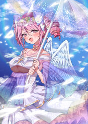 1girl angel_wings blue_sky blush bow bowtie breasts choker cloud cloudy_sky collarbone covered_navel cross day dress drill_hair feathered_wings flower hair_between_eyes hair_bow head_wreath highres holding holding_umbrella jashin-chan_dropkick jewelry large_breasts long_hair nbnbmanamin necklace open_mouth pink_bow pink_bowtie pink_choker pink_eyes pink_flower pink_hair pino_(jashin-chan_dropkick) signature sky smile solo twin_drills twintails umbrella white_bow white_dress white_wings wings yellow_flower