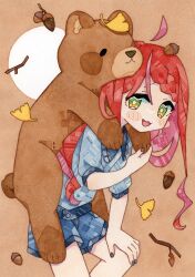 1boy absurdres acorn bear blue_shirt blue_shorts cowboy_shot ginkgo_leaf green_eyes highres leaf long_hair looking_at_viewer looking_to_the_side lupin_strawberry male_focus nail_polish open_mouth original painting_(medium) red_hair shirt short_sleeves shorts smile solo standing star-shaped_pupils star_(symbol) symbol-shaped_pupils traditional_media watercolor_(medium)