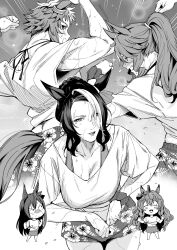 5girls ahoge alternate_costume blush breasts chibi embarrassed gaze_on_me!_outfit_(umamusume) greyscale hair_between_eyes hair_ornament highres horse_girl large_breasts long_hair looking_at_viewer mejiro_bright_(umamusume) mejiro_dober_(umamusume) mejiro_family_(umamusume) mejiro_palmer_(umamusume) mejiro_ramonu_(umamusume) mejiro_ryan_(umamusume) midriff mole mole_under_eye monochrome multiple_girls muscular ponytail short_hair shorts simple_background sugarbeat sweat sweatdrop umamusume