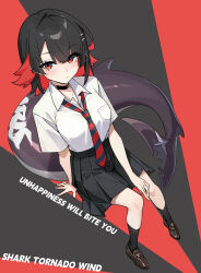 1girl azusa_hina black_background black_hair black_skirt black_socks brown_shoes closed_mouth colored_inner_hair commentary_request ellen_joe english_text fins fish_tail loafers looking_at_viewer mole mole_under_eye multicolored_hair necktie red_background red_eyes red_hair red_necktie school_uniform shark_girl shark_tail shirt shoes short_hair sitting skirt socks solo striped_necktie tail two-tone_background two-tone_hair white_shirt zenless_zone_zero