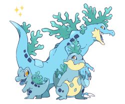 alternate_color alternate_design alternate_shiny_pokemon blue_skin blue_tongue claws colored_skin colored_tongue coral croconaw evolutionary_line feraligatr gen_2_pokemon highres nintendo no_humans open_mouth orange_eyes pokemon pokemon_(creature) sharp_teeth simple_background slit_pupils standing tail teeth totodile white_background wulie_errr