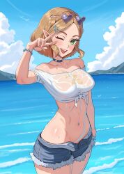 Rule 34 | 1girl, absurdres, bare shoulders, beach, blonde hair, blush, braid, breasts, choker, collarbone, cropped shirt, crown braid, denim, denim shorts, earrings, emmettart, eyewear on head, green eyes, hair ornament, hairclip, heart, heart-shaped eyewear, highres, jewelry, large breasts, looking at viewer, midriff, navel, nintendo, ocean, one eye closed, open mouth, outdoors, pointy ears, princess zelda, shirt, short hair, short sleeves, shorts, sidelocks, smile, solo, stomach, sunglasses, teeth, the legend of zelda, the legend of zelda: tears of the kingdom, tied shirt, tinted eyewear, upper teeth only, water, wet, wet clothes, wet shirt, white shirt