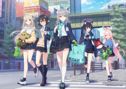 5girls ahoge akihabara_(tokyo) animal_ears ayane_(blue_archive) azumi_akitake bag black_footwear black_gloves black_hair black_shorts black_skirt black_socks blue_archive blue_eyes blue_jacket blue_ribbon blue_scarf cat_ears closed_mouth cloud collar collared_shirt cross-laced_footwear cross_hair_ornament day elbow_carry fingerless_gloves floating_hair foreclosure_task_force_(blue_archive) full_body glasses gloves green_eyes green_gloves grey_hair hair_bun hair_ornament hair_ribbon halo holding holding_bag hoshino_(blue_archive) jacket knee_pads kneehighs light_brown_hair loafers long_hair long_sleeves looking_at_another medium_hair mismatched_pupils multiple_girls nonomi_(blue_archive) official_art one_eye_closed open_clothes open_jacket open_mouth outdoors pink_hair plaid_clothes plaid_skirt pleated_skirt pointy_ears real_world_location red-framed_eyewear red_eyes red_gloves ribbon scarf school_uniform serika_(blue_archive) shiroko_(blue_archive) shirt shoes short_hair shorts shorts_under_skirt single_glove single_hair_bun skirt sky smile socks stuffed_toy tokyo_(city) twintails two-tone_gloves walking white_collar white_footwear white_shirt white_socks wolf_ears yellow_eyes yellow_jacket