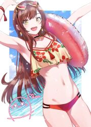 1girl :d arm_up bikini bracelet breasts brown_hair character_signature cowboy_shot earrings eyewear_on_head floral_print glasses goshiki_suzu heart heart-shaped_eyewear idolmaster idolmaster_shiny_colors innertube jewelry long_hair medium_breasts navel necklace ocean open_mouth osaki_amana signature smile solo stomach swept_bangs swim_ring swimsuit yellow_eyes