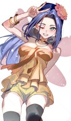 1girl aqua_eyes arm_behind_back bead_necklace beads black_bow black_thighhighs blue_hair bow bracelet breasts choker cleavage commentary_request cosplay cowboy_shot dragon_quest dragon_quest_iii dragon_quest_ix earrings fairy_wings fake_wings floating_hair flower frilled_shirt frills gold_bracelet gold_earrings hair_bow hair_flower hair_ornament heart heart_choker highres hoop_earrings in-franchise_crossover jewelry large_breasts looking_up low_ponytail necklace numao_sub one_eye_closed orange_shirt parted_hair pink_flower pink_wings ponytail ruida sample_watermark sandy_(dq9) sandy_(dq9)_(cosplay) shirt shorts smile solo strapless strapless_shirt thighhighs v v_over_head watermark white_background wings yellow_shorts