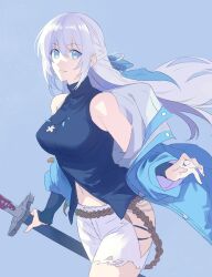 Rule 34 | 1girl, asymmetrical legwear, blue background, blue bow, blue hair, bow, breasts, coat, denim, double-parted bangs, eiyuu densetsu, floating hair, hair bow, half updo, holding, holding sword, holding weapon, jeans, jewelry, katana, kuro no kiseki, kuro no kiseki (series), kuro no kiseki ii, large breasts, long hair, looking at viewer, navel, open clothes, open coat, pants, pendant, poki (as9861164216765), rope, shimenawa, shizuna rem misurugi, simple background, smile, solo, sword, torn clothes, torn jeans, torn pants, upper body, weapon, white hair