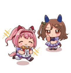 Rule 34 | 2girls, ^ ^, animal ears, black shoes, blush stickers, bow, brown eyes, brown hair, bucket, chibi, chicken (food), chicken leg, closed eyes, closed mouth, colonel sanders, commentary request, food, green bow, hair bow, hand up, haru urara (umamusume), highres, holding, holding bucket, horse ears, horse girl, horse tail, kfc, king halo (umamusume), moko39 takasora, multiple girls, one side up, pleated skirt, puffy short sleeves, puffy sleeves, purple bow, purple shirt, running, school uniform, shadow, shirt, shoes, short sleeves, simple background, skirt, sparkle, tail, thighhighs, tracen school uniform, umamusume, white background, white skirt, white thighhighs