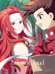 2boys :d blue_eyes brown_eyes brown_hair english_text gloves headband highres hzk882 lloyd_irving long_hair looking_at_another male_focus multiple_boys open_mouth outdoors pointing red_gloves red_shirt shirt short_hair smile suspenders tales_of_(series) tales_of_symphonia tree white_headband zelos_wilder