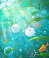 Rule 34 | 2025, :p, animal, animal focus, bubble, closed mouth, day, dog, fish, goldfish, no humans, original, penpen (pencopeco), rabbit, seaweed, smile, star (symbol), swimming, tongue, tongue out, underwater, water