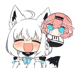 animal_ear_fluff animal_ears blue_eyes blue_neckerchief blush breasts detached_sleeves fox_ears fox_girl fox_tail front_slit hair_between_eyes hairband head_wings hololive hood hoodie long_hair long_sleeves looking_at_viewer neckerchief necktie pentagram pink_hair shirakami_fubuki shirakami_fubuki_(1st_costume) shirt short_hair smile solo tail takane_lui takane_lui_(1st_costume) twumi virtual_youtuber white_hair white_hoodie wings