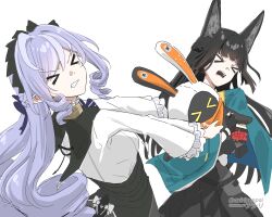 &gt;_&lt; 2girls absurdres animal_ears aqua_jacket asiri_senpai bangboo_(zenless_zone_zero) black_hair black_skirt clenched_teeth commentary eous_(zenless_zone_zero) fox_ears fox_girl frilled_sleeves frills highres hoshimi_miyabi jacket long_hair long_sleeves mole mole_under_eye multicolored_hair multiple_girls open_mouth pointy_ears purple_hair shirt shouting sidelocks simple_background skirt streaked_hair teeth tug_of_war twitter_username vivian_banshee white_background white_shirt zenless_zone_zero