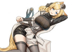 1girl arki_arasy arknights black_headwear black_ribbon black_shorts black_thighhighs blonde_hair blue_eyes breasts feet_out_of_frame hair_ribbon hand_on_arm hand_on_thigh highres large_breasts long_hair looking_at_viewer lying on_side open_clothes open_mouth open_robe ribbon robe shorts smile solo thighhighs whislash_(arknights) white_background white_robe