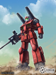 Rule 34 | assault visor, beam rifle, commentary request, company name, copyright name, copyright notice, damaged, desert, dirty, earth federation, energy gun, green visor, guncannon, gundam, gundam card game, highres, holding, holding weapon, machinery, mecha, mecha focus, mobile suit, mobile suit gundam, no humans, official art, radio antenna, realistic, robot, science fiction, scope, shoulder cannon, soezy, solo, weapon