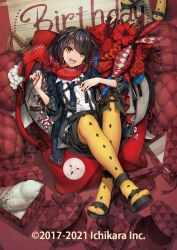 1boy :d bird black_hair black_pants black_sandals blue_coat blue_necktie bob_cut box coat copyright_name cushion fangs flower flower_trim full_body gift gift_box hair_ornament hairclip happy_birthday heart heart_print holding holding_flower male_focus mashiro_meme mashiro_meme_(1st_costume) nail_polish necktie nijisanji official_art open_clothes open_coat open_mouth owl pants pantyhose red_flower red_nails red_scarf safety_pin sandals scarf shirt short_hair smile solo suspenders tauyuki_saema teeth tongue trap two_side_up upper_teeth_only virtual_youtuber white_flower white_shirt yellow_eyes yellow_pantyhose