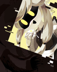 1girl :d android apron black_dress black_hat black_shoes black_socks blonde_hair cyn_(murder_drones) dress fewer_digits film_grain frilled_apron frills glitch hat highres j4ck kneehighs long_hair low-tied_long_hair low-tied_sidelocks mechanical_arms mechanical_legs medium_dress murder_drones open_mouth petticoat shoes short_sleeves sidelocks smile socks solo yellow_eyes