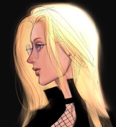 1girl black_background black_dress closed_mouth commentary dress earrings eyelashes fishnet_top fishnets glasses high_collar jewelry kalifa_(one_piece) long_hair looking_ahead one_piece pearl_earrings popsweetyio profile simple_background solo symbol-only_commentary upper_body