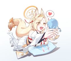 +_+ 1girl :d absurdres animal_ears blonde_hair blue_archive bow breasts character_doll chise_(blue_archive) commentary_request detached_sleeves doll extra_ears eyes_visible_through_hair eyeshadow fang fox_ears fox_girl full_body hair_bow hair_over_one_eye hairband hakama halo heart highres japanese_clothes kaho_(blue_archive) konkumo large_breasts long_hair looking_at_object lying makeup mixed-language_commentary mole mole_under_mouth on_stomach open_mouth orange_bow orange_hairband orange_halo pillow pink_eyeshadow sideboob sideless_kimono signature skin_fang smile socks solo spoken_heart white_hakama white_sleeves white_socks yellow_eyes