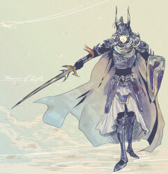 1boy armor armored_boots asymmetrical_dual_wielding blue_armor blue_boots blue_eyes blue_helmet boots breastplate cape character_name dissidia_final_fantasy dual_wielding expressionless fake_horns final_fantasy final_fantasy_i full_armor full_body gold_horns helmet holding holding_shield holding_sword holding_weapon horned_helmet horns jo_(artist) knee_boots male_focus plume shield solo standing sword waist_cape warrior_of_light_(ff1) weapon white_hair