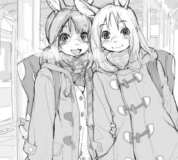 2girls backpack bag blush body_fur breath coat cowboy_shot furry furry_female greyscale holding_another&#039;s_arm kikurage_(crayon_arts) long_hair looking_at_viewer monochrome multiple_girls original outdoors rabbit_girl scarf standing tail train_station
