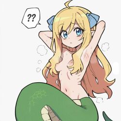 1girl ? ahoge ai-generated armpits blonde_hair blue_eyes blush breasts closed_mouth hair_ribbon hentamonn jashin-chan jashin-chan_dropkick lamia long_hair looking_at_viewer monster_girl navel nipples nude presenting_armpit ribbon small_breasts solo sweat