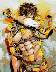 1boy abs belt brown_hair fingerless_gloves gloves highres indie_virtual_youtuber jacket jubako_(nest_of_boxes) kite_hasegawa male_focus muscular muscular_male open_clothes open_jacket paint_splatter yellow_eyes