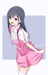 1girl :d black_hair blue_eyes commentary_request dated dress highres long_hair looking_at_viewer monai-chan_(nii_manabu) nii_manabu open_mouth original pink_dress pink_ribbon ribbon shirt short_sleeves signature smile solo thighhighs white_shirt white_thighhighs zettai_ryouiki