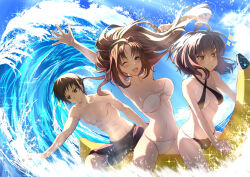 1boy 2girls :d abs absurdres aozaki_aoko armpits arms_up banana_boat bare_arms bare_legs bare_shoulders bikini black_bikini black_eyes black_hair blue_eyes blue_sky blush breasts brown_eyes brown_hair floating_hair full_body hair_intakes highres inflatable_raft kuonji_alice large_breasts long_hair mahou_tsukai_no_yoru male_swimwear medium_breasts multiple_girls navel ocean one_eye_closed open_mouth outdoors shizuki_soujuurou short_hair sky sling_bikini_top smile spread_fingers summer swim_briefs swim_trunks swimsuit thighs toomishou type-moon wading water waves wet white_bikini