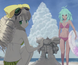 2girls bad_id bad_pixiv_id beach bikini bow cloud dark-skinned_female dark_skin day drill_hair emerada_(xenogears) front-tie_top goggles green_bikini green_eyes green_hair hair_bow innertube long_hair maria_balthasar multiple_girls ocean outdoors purple_bikini ribbon sand_sculpture seibzehn shinneko swim_ring swimsuit xeno_(series) xenogears yellow_bow yellow_eyes