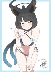 1girl absurdres animal_ears bakeneko bikini black_eyes black_hair black_nails black_tail blue_archive blue_bikini blue_halo blue_tail breasts cat_ears cat_girl cat_tail criss-cross_straps gradient_tail halo heart highres kikyou_(blue_archive) kikyou_(swimsuit)_(blue_archive) large_breasts layered_bikini leaning_forward looking_at_viewer multi-strapped_bikini_bottom multiple_tails navel official_alternate_costume short_hair smile solo swimsuit tail two_tails yua_(checkmate)
