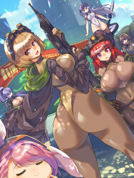 6+girls :d =_= animal_ears animal_hood armor armored_boots armpit_crease ass assault_rifle backpack bag banner black_leotard black_pantyhose black_thighhighs blue_eyes blue_sky blunt_bangs blush bodysuit boots braid breast_strap breasts brown_bodysuit brown_eyes brown_hair brown_leotard brown_pantyhose brownie_(last_origin) building chest_strap chibi city cleavage cleavage_cutout closed_eyes clothing_cutout cloud cloudy_sky coat collarbone dappled_sunlight day efreeti_(last_origin) eyewear_on_head fake_animal_ears gloves gnome_(last_origin) goggles goggles_on_head greaves green_jacket grey_hair groin gun hair_over_one_eye highres hime_cut holding holding_gun holding_weapon hood hood_up hoodie huge_ass huge_breasts impet_(last_origin) impossible_clothes impossible_leotard jacket large_breasts last_origin leotard leotard_under_clothes leprechaun_(last_origin) light_particles linea_alba long_hair looking_at_viewer looking_back mole mole_under_eye multicolored_leotard multiple_girls navel open_mouth orange_leotard outdoors pantyhose pixiv_id pixiv_username plant ponytail purple_hair rabbit_ears rabbit_hood red_eyes red_hair rifle rocket rocket_launcher rpg_(weapon) shiny_skin short_hair sidelocks signature silky_(last_origin) skin_tight sky skyscraper sleeping smile sparkle sunlight swept_bangs thighhighs tree twitter_username two-tone_leotard umigarasu_(kitsune1963) very_long_hair weapon white_leotard wide_hips yellow_leotard zzz