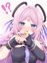 !? 1girl armlet asymmetrical_sleeves blue_eyes blush bracelet braid breasts citlali_(genshin_impact) detached_sleeves facial_mark feathers fingernails floating_headgear forehead_mark genshin_impact headgear jewelry large_breasts leotard long_hair long_sleeves looking_at_viewer nail_polish natsu_(927013) necktie open_mouth pink_feathers pink_hair pink_necktie pink_pupils purple_feathers purple_leotard purple_necktie purple_sleeves ribbed_leotard ribbed_sleeves ring_hair_ornament simple_background solo triangle triangle_facial_mark uneven_sleeves white_background